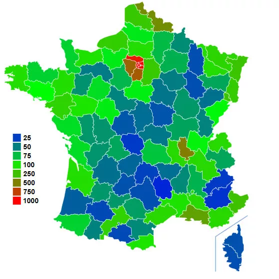 Carte de la densité de la France